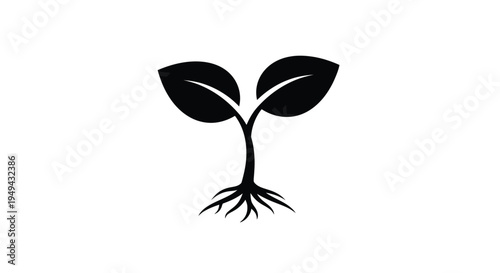 Simple black silhouette of a sprouting plant with leaves and roots