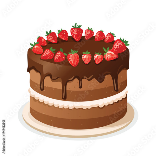Delicious chocolate cake with fresh strawberries isolated on white background