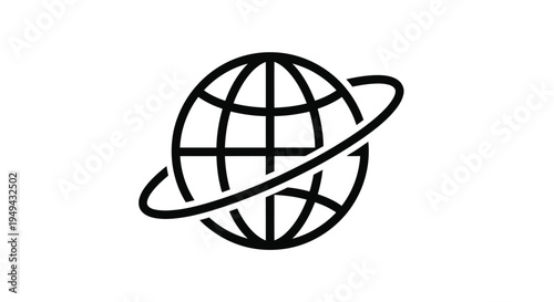Simple black and white illustration of a globe with an orbiting ring