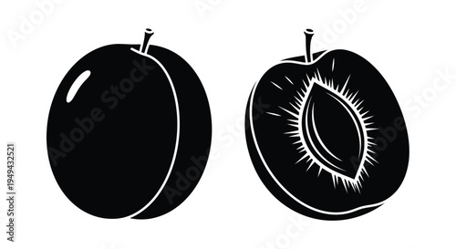 Black and white illustration of a whole plum and a halved plum