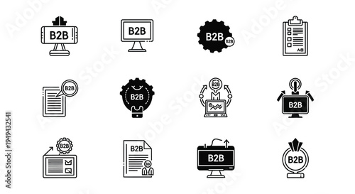 Collection of black and white b2b icons representing business concepts