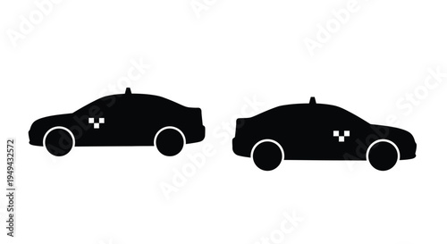 Two black silhouette images of taxi vehicles with distinct perspectives