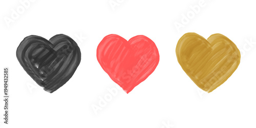 Bild auf Leinwand Set of Black Red and Gold Hand Drawn Marker Hearts Isolated on White Background