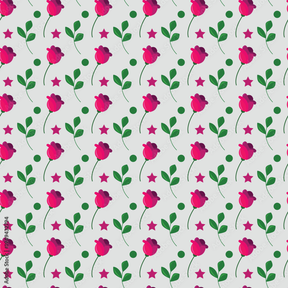 Fototapeta premium Seamless pattern of pink flowers and green leaves on light background
