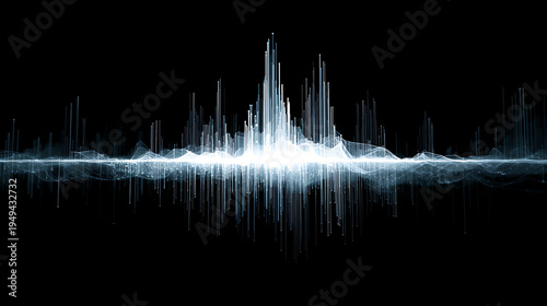 Sound wave displaying audio frequency spectrum data with glowing abstract lines and particles