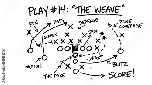 American football play diagram labeled as the weave with tactical markings on white background, concept for sports coaching presentation, strategic game planning and athletic training education