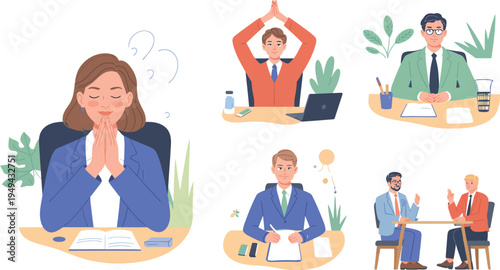 A diverse group of business professionals engaged in various office activities