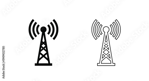 Two black and white illustrations of radio transmission towers with radiating waves