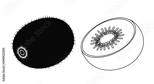 Black and white illustration of a whole and halved kiwi fruit