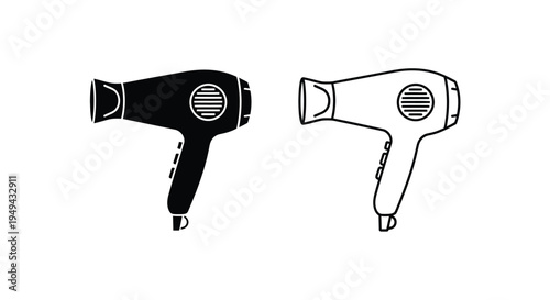 Two hair dryers depicted in contrasting black and white outlines