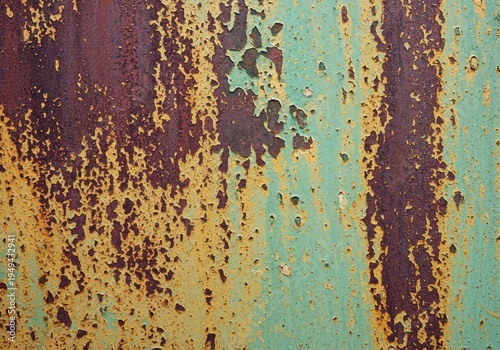 Abstract background texture of old, crumbling paint on metal showing deep erosion and discoloration, representing decay and the passage of time, cracking, weathered, close-up