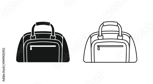 Two black and white illustrations of duffel bags side by side