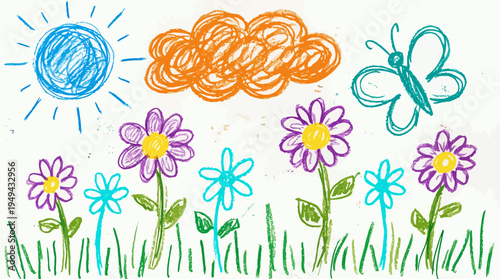 Colorful crayon doodle drawing of spring landscape with sun clouds flowers and butterfly, concept for creative education, child development and artistic inspiration