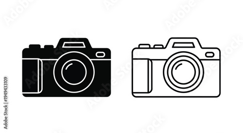 Two vintage camera illustrations one black one white side by side