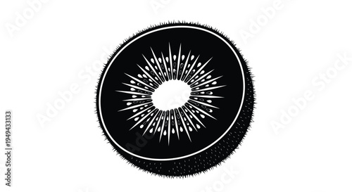 A black and white illustration of a halved kiwi fruit with visible seeds