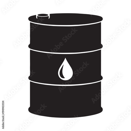 Black oil barrel vector icon with white oil drop symbol, representing crude oil, fuel, and petroleum storage for industrial and energy concepts