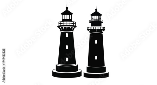 Two black lighthouse silhouettes stand prominently against a white background