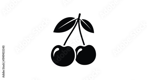 Simple black and white illustration of two cherries with stems and leaves