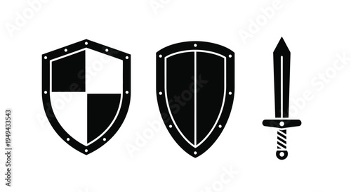 Black silhouettes of two shields and a sword on a white background