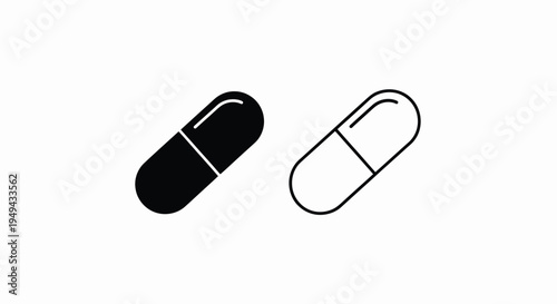 Two capsule pills one black and one white displayed on a white background