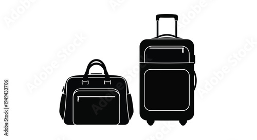 A black silhouette of a rolling suitcase and a duffel bag