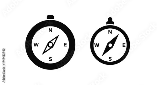 Two black compass icons displaying cardinal directions north south east and west
