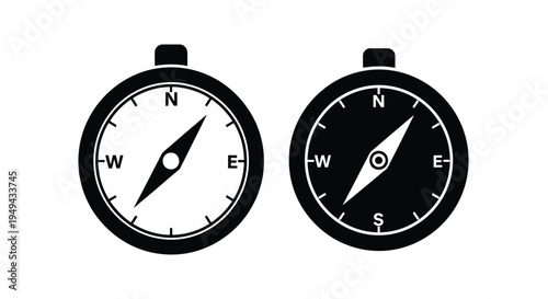 Two black and white compasses displaying cardinal directions