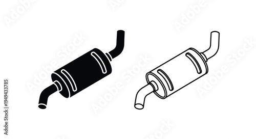 Two depictions of a car exhaust muffler one filled and one outlined