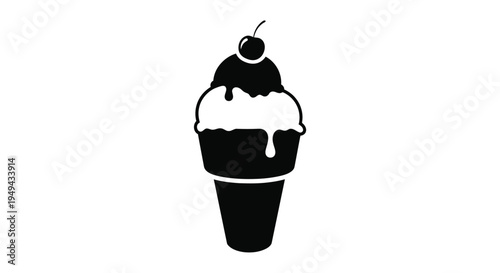 A black and white illustration of a single scoop ice cream cone