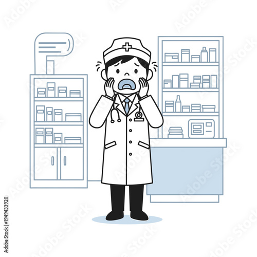 Worried Doctor with Hands on Face in Pharmacy