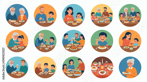 Set of flat circular icons featuring diverse families and individuals enjoying meals together, concept for dining lifestyle promotion, healthy food education and family bonding activities