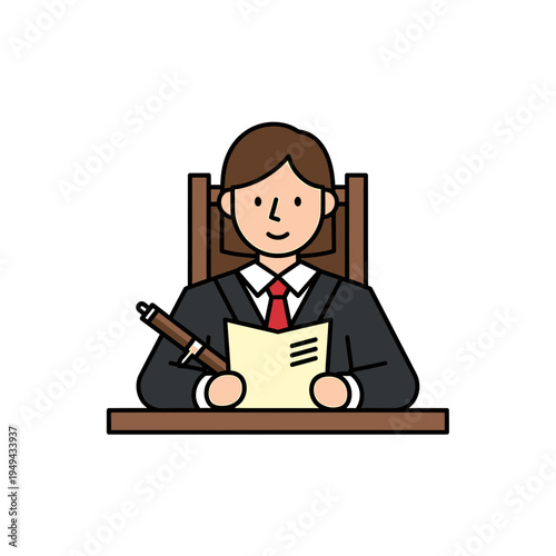 Cartoon Judge Writing on Paper with Pen
