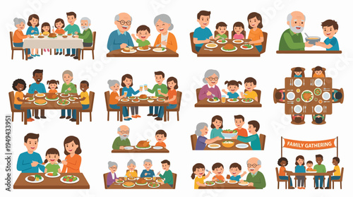 diverse happy families eating together with delicious food on dining tables, concept for social bonding, domestic celebration and thanksgiving holidays