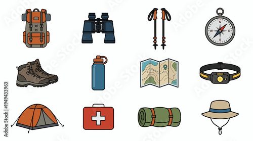 set of colorful outdoor hiking and camping equipment icons with flat design, concept for adventure travel promotion, trekking activity planning and mountain tourism marketing