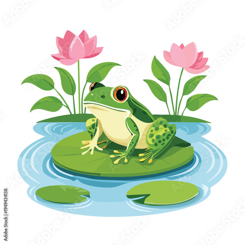 Cartoon frog on lily pad with lotus flowers in pond illustration