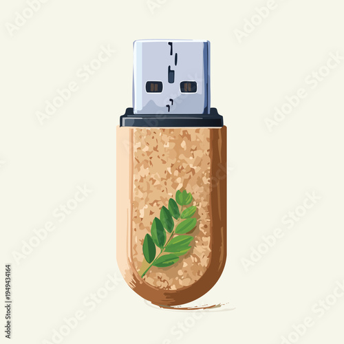 Eco friendly usb flash drive with natural cork and green leaf design