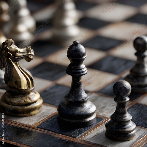 A close-up view of chess pieces on a chessboard with a knight, pawns, and other pieces in the background.