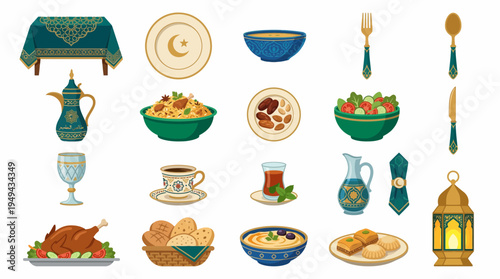 Set of flat vector illustrations for Ramadan Kareem festive dinner table with traditional food and tableware, concept for holiday decoration, cultural event invitation and greeting card design