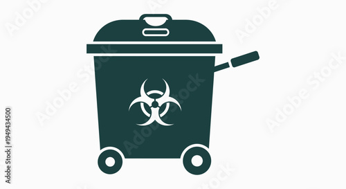 Biohazard waste bin with symbol, medical trash can on wheels, hazardous material disposal icon
