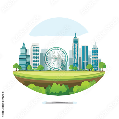 Modern cityscape illustration featuring skyscrapers ferris wheel and green landscape