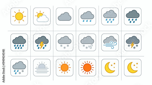 Set of colorful weather forecast icons with clouds sun moon rain and snow, concept for meteorology report presentation, climate app interface design and digital news broadcasting