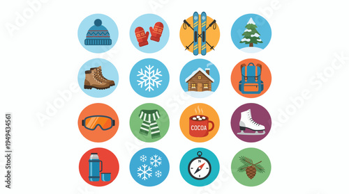 Set of flat winter season icons with clothing sport equipment and holiday elements, concept for seasonal travel promotion, weather forecasting and outdoor activity design