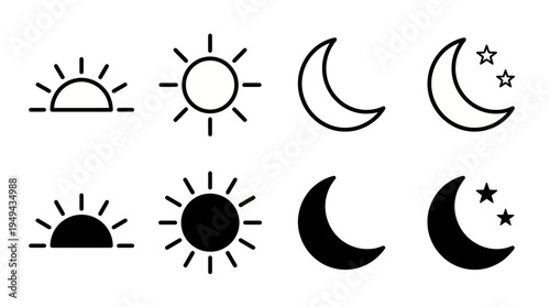 Set of black and white sun and moon icons with crescent and stars in minimalist style, concept for weather application interface, nature forecast dashboard and astronomical software design