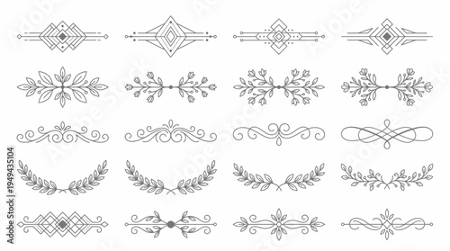 Set of elegant linear decorative text dividers with floral and geometric motifs, concept for wedding stationery design, vintage book ornamentation and luxury brand identity
