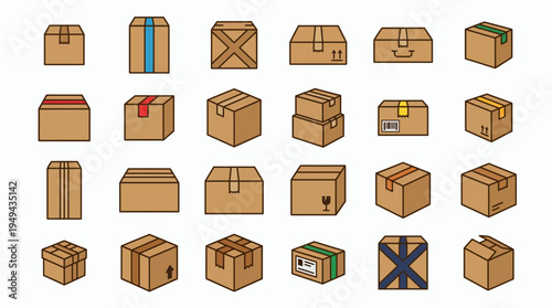 Set of various cardboard boxes and delivery packages with different sealing tapes, concept for logistics management, e-commerce shipping and warehouse distribution