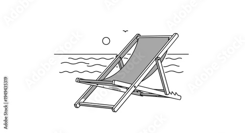 A beach chair sitting by the ocean on a sunny day with waves and birds flying overhead