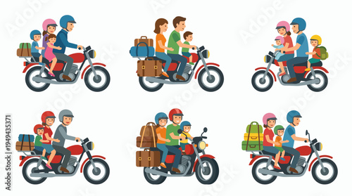 Set of flat vector illustrations featuring families riding motorcycles with luggage, concept for travel advertisement, vacation planning and transportation campaign
