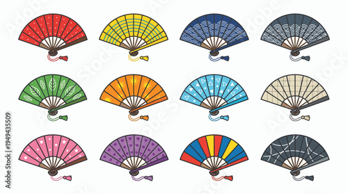 Set of colorful oriental folding fans with various artistic patterns on white background, concept for cultural heritage promotion, interior design decoration and fashion accessory branding