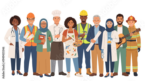 Diverse group of professionals standing.