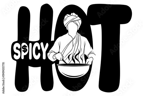 Indian Chef Cooking Spicy Food or Restaurant Vector Logo Icon with Turban Chef and Steam Bowl